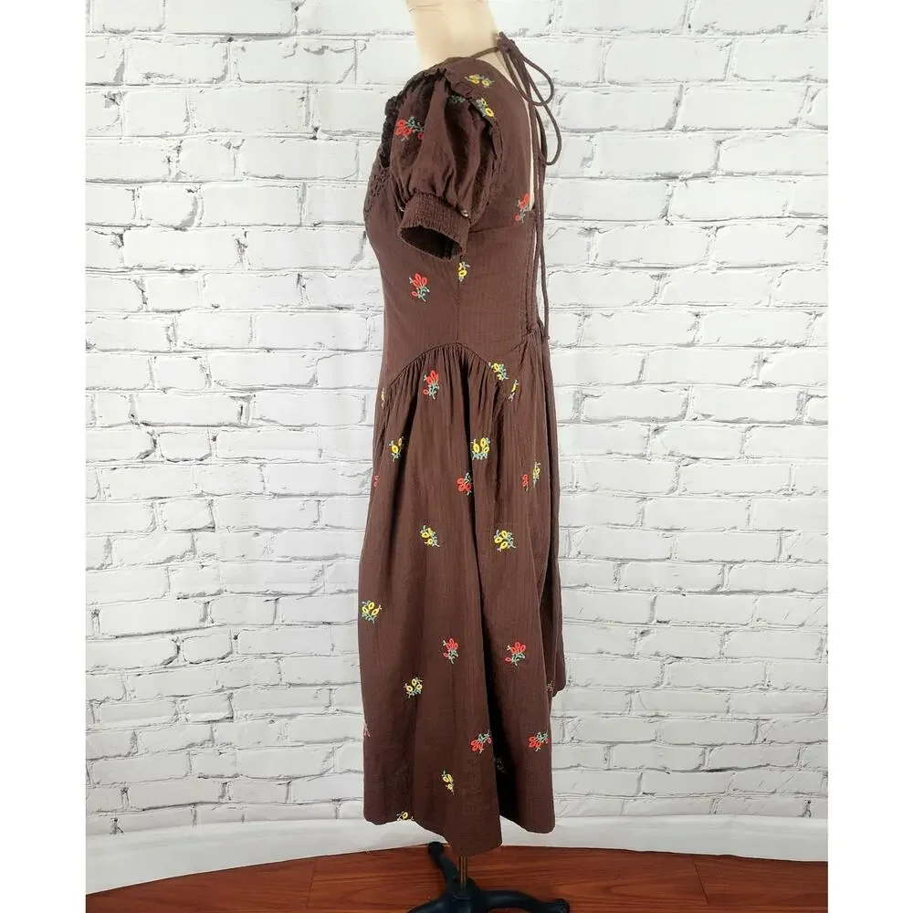 Free People Dress Maisie Midi Brown Floral Boho Embroidered size XS Cottage Core - Picture 5 of 13